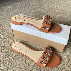 Jessica Simpson JS Amille Ginger Cookie Slip On Rhinestone Slide Sandals 9 NIB